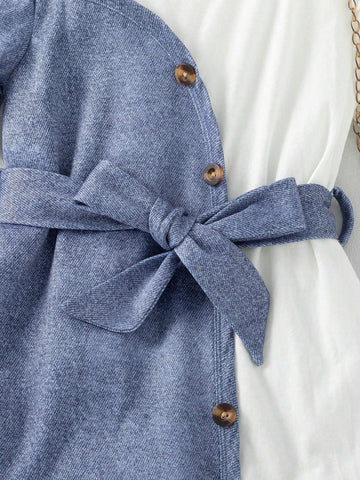 Young Girls" Casual Wear-To-Work Asymmetrical Denim Patchwork Dress