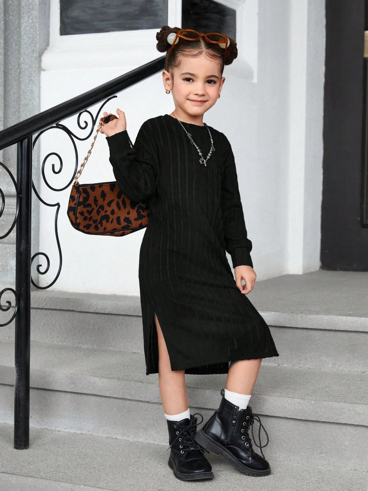 Young Girls' Casual Wine Knit Ruffled Long Sleeve Dress For Holiday,For Christmas