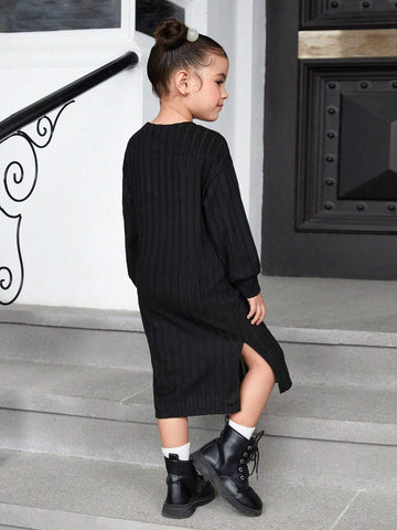Young Girls' Casual Wine Knit Ruffled Long Sleeve Dress For Holiday,For Christmas