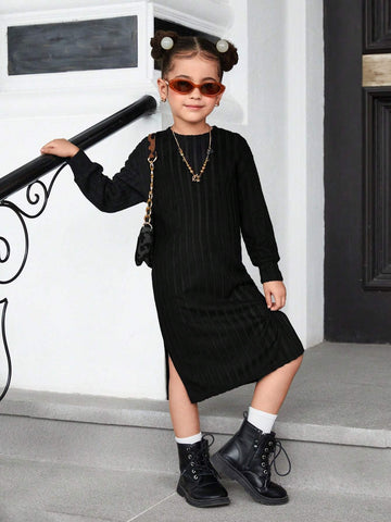 Young Girls' Casual Wine Knit Ruffled Long Sleeve Dress For Holiday,For Christmas