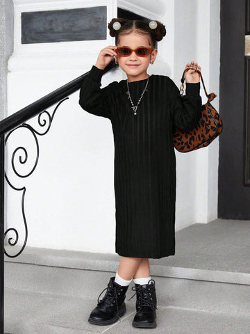 Young Girls' Casual Wine Knit Ruffled Long Sleeve Dress For Holiday,For Christmas