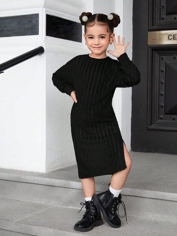 Young Girls' Casual Wine Knit Ruffled Long Sleeve Dress For Holiday,For Christmas