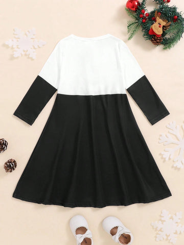 Young Girls Casual & Comfortable Christmas Snowman Printed Crew Neck Long Sleeve Pullover Dress