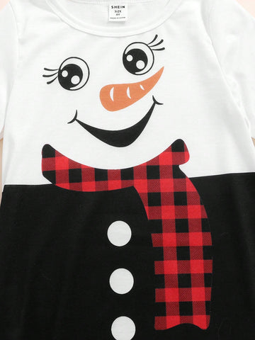 Young Girls Casual & Comfortable Christmas Snowman Printed Crew Neck Long Sleeve Pullover Dress