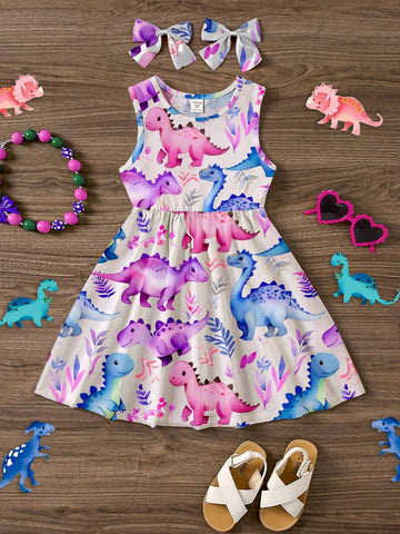 Young Girls" Casual & Simple Cartoon Dinosaur Pattern Sleeveless Midi Dress Suitable For Summer