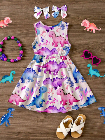 Young Girls" Casual & Simple Cartoon Dinosaur Pattern Sleeveless Midi Dress Suitable For Summer