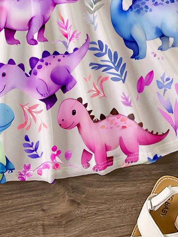 Young Girls" Casual & Simple Cartoon Dinosaur Pattern Sleeveless Midi Dress Suitable For Summer