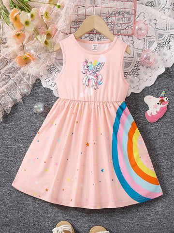 Young Girls' Casual & Vibrant Rainbow Unicorn Print Sleeveless Vest Dress For Summer