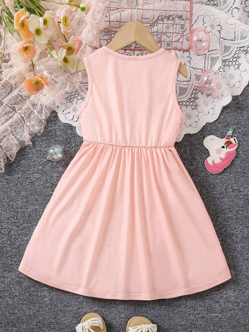 Young Girls' Casual & Vibrant Rainbow Unicorn Print Sleeveless Vest Dress For Summer