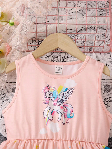 Young Girls' Casual & Vibrant Rainbow Unicorn Print Sleeveless Vest Dress For Summer