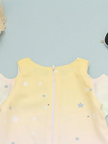 Young Girls' Cat Print Off Shoulder Knee Length Dress With Chic Style For Summer