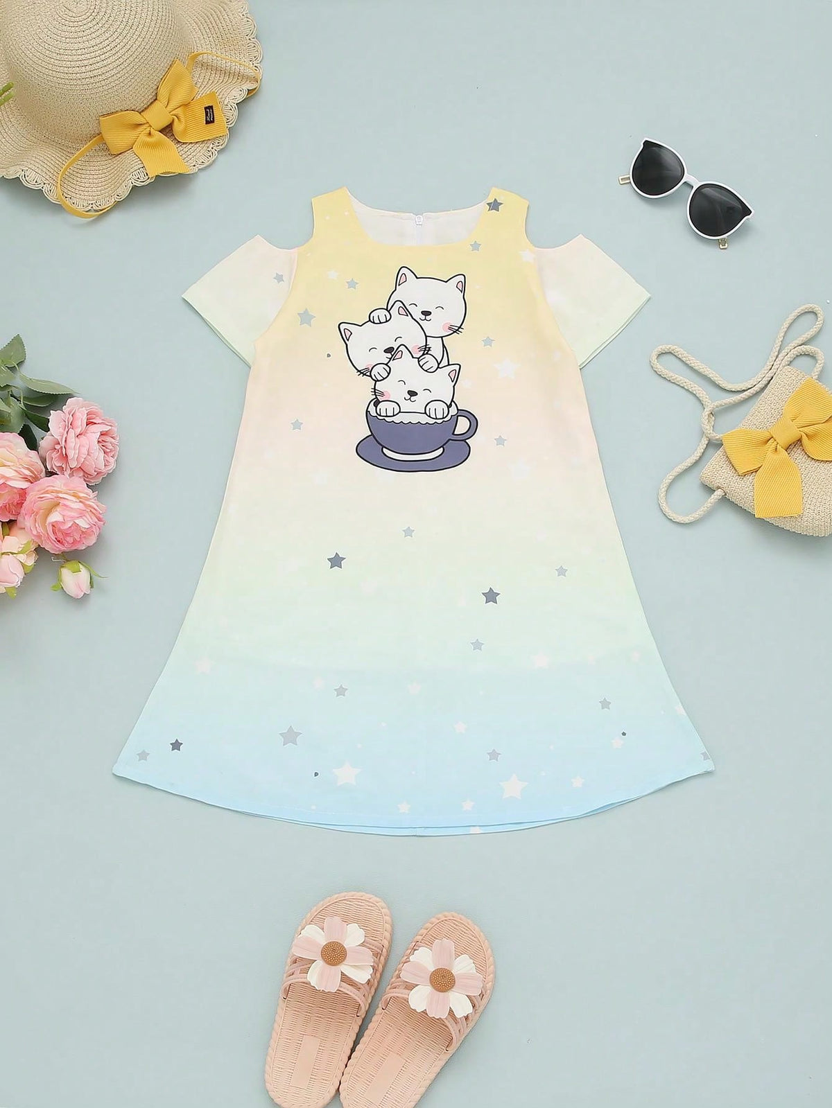 Young Girls' Cat Print Off Shoulder Knee Length Dress With Chic Style For Summer