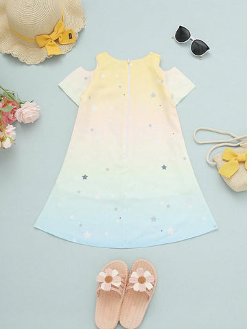 Young Girls' Cat Print Off Shoulder Knee Length Dress With Chic Style For Summer
