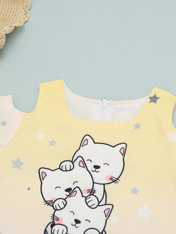 Young Girls' Cat Print Off Shoulder Knee Length Dress With Chic Style For Summer