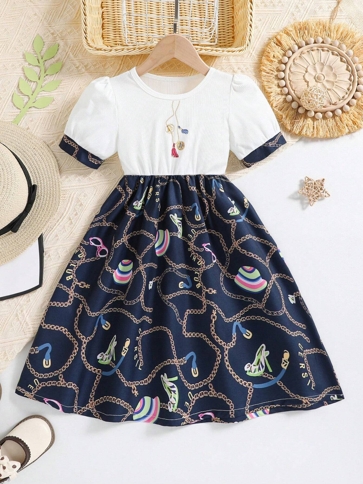 Young Girls' Chain Printed Round Neck Short Puff Sleeve Bubble Dress