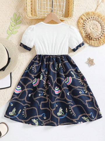Young Girls' Chain Printed Round Neck Short Puff Sleeve Bubble Dress