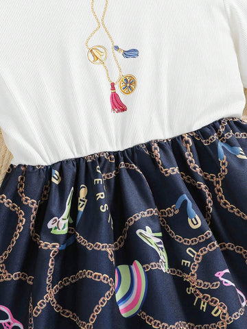 Young Girls' Chain Printed Round Neck Short Puff Sleeve Bubble Dress