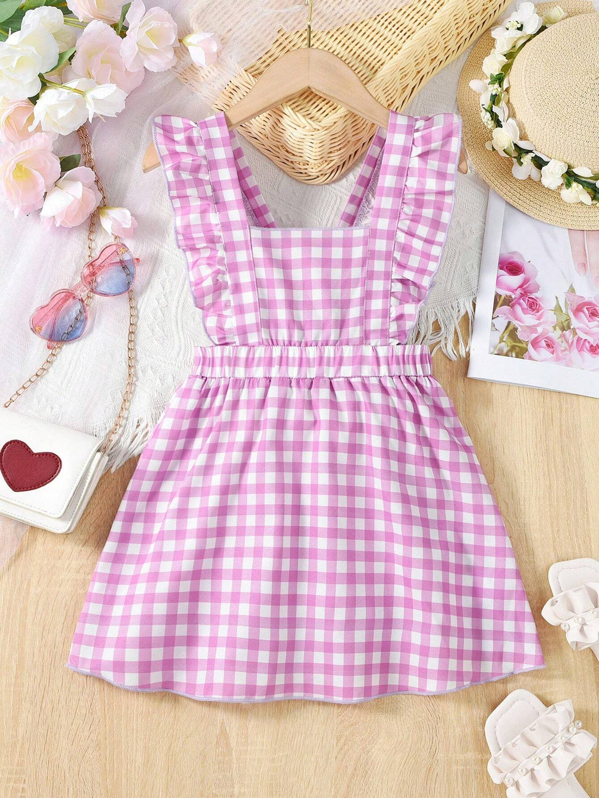 Young Girls' Checkered Dress With Flared Sleeves, Summer, A-Line
