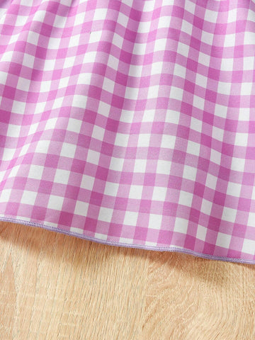 Young Girls' Checkered Dress With Flared Sleeves, Summer, A-Line