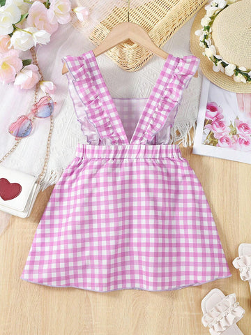 Young Girls' Checkered Dress With Flared Sleeves, Summer, A-Line