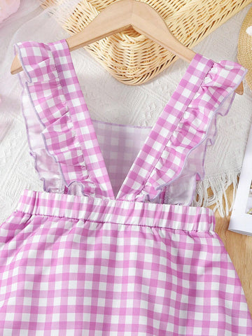 Young Girls' Checkered Dress With Flared Sleeves, Summer, A-Line
