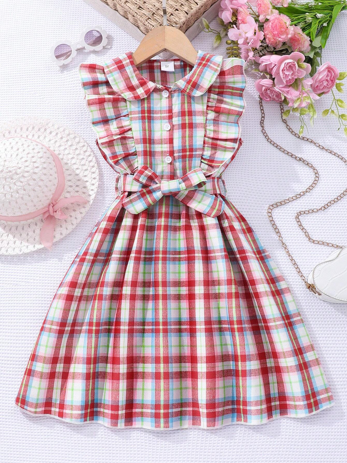 Young Girls Checkered Sleeveless Casual Dress With Lapel Collar