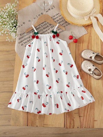 Young Girls Cherry Floral 3D Strap Dress, Adorable Vacation Style, Comfortable & Versatile, Princess Dress
