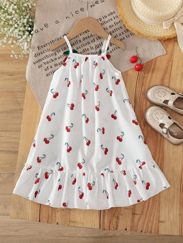 Young Girls Cherry Floral 3D Strap Dress, Adorable Vacation Style, Comfortable & Versatile, Princess Dress