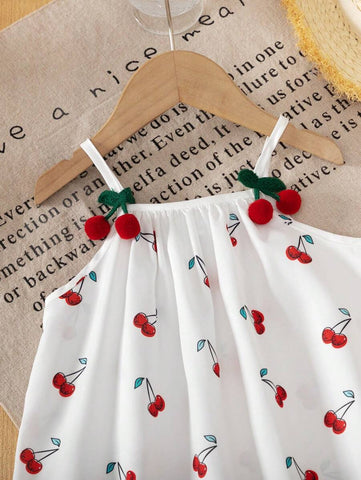 Young Girls Cherry Floral 3D Strap Dress, Adorable Vacation Style, Comfortable & Versatile, Princess Dress