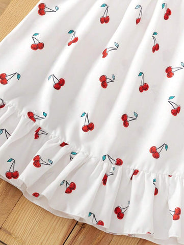Young Girls Cherry Floral 3D Strap Dress, Adorable Vacation Style, Comfortable & Versatile, Princess Dress