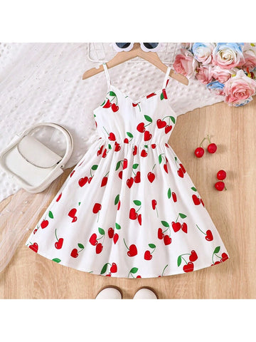 Young Girls' Cherry Print Casual Cami Dress, Summer