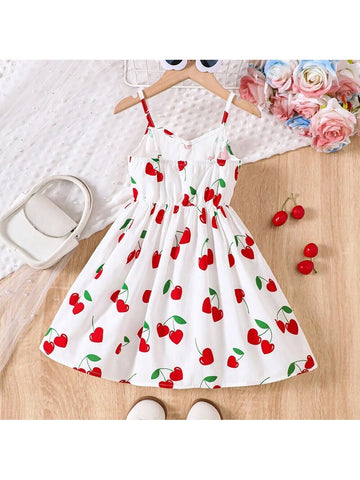 Young Girls' Cherry Print Casual Cami Dress, Summer
