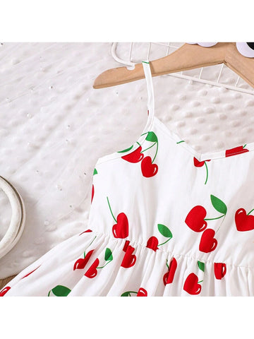 Young Girls' Cherry Print Casual Cami Dress, Summer