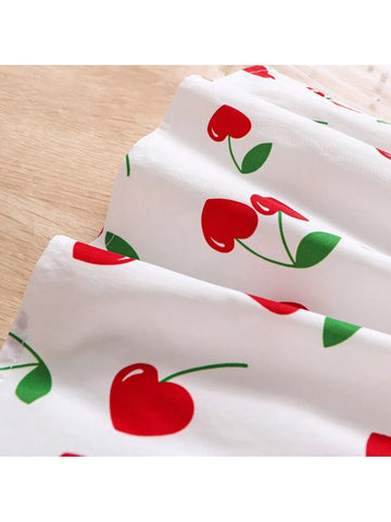 Young Girls' Cherry Print Casual Cami Dress, Summer