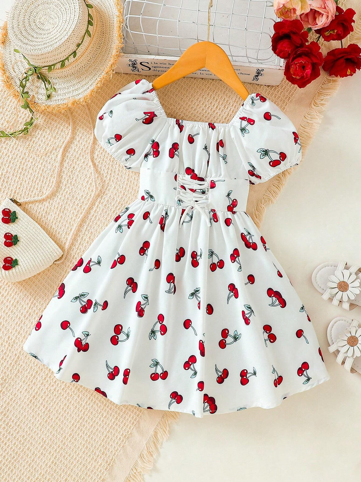 Young Girls' Cherry Print Cross Strap Puff Sleeve Dress