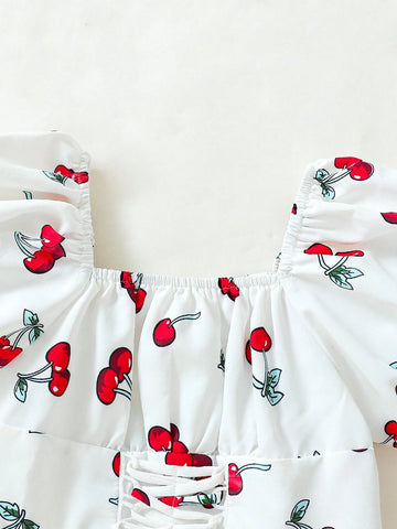 Young Girls' Cherry Print Cross Strap Puff Sleeve Dress