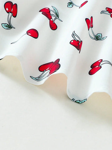 Young Girls' Cherry Print Cross Strap Puff Sleeve Dress