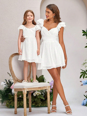 Young Girl's Chicken Heart Neck Double Layer Ruffled Mesh Dress With Cutout Trim Detailing