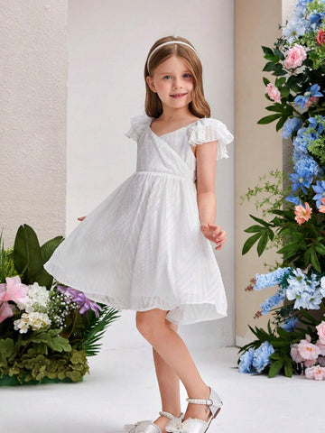 Young Girl's Chicken Heart Neck Double Layer Ruffled Mesh Dress With Cutout Trim Detailing