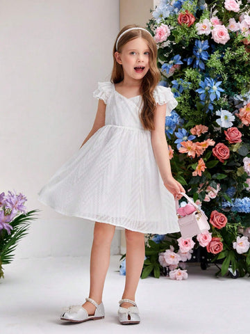 Young Girl's Chicken Heart Neck Double Layer Ruffled Mesh Dress With Cutout Trim Detailing