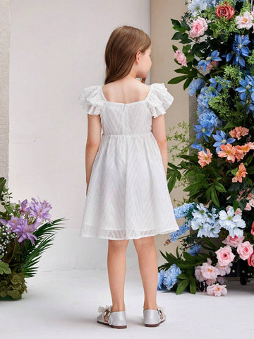 Young Girl's Chicken Heart Neck Double Layer Ruffled Mesh Dress With Cutout Trim Detailing