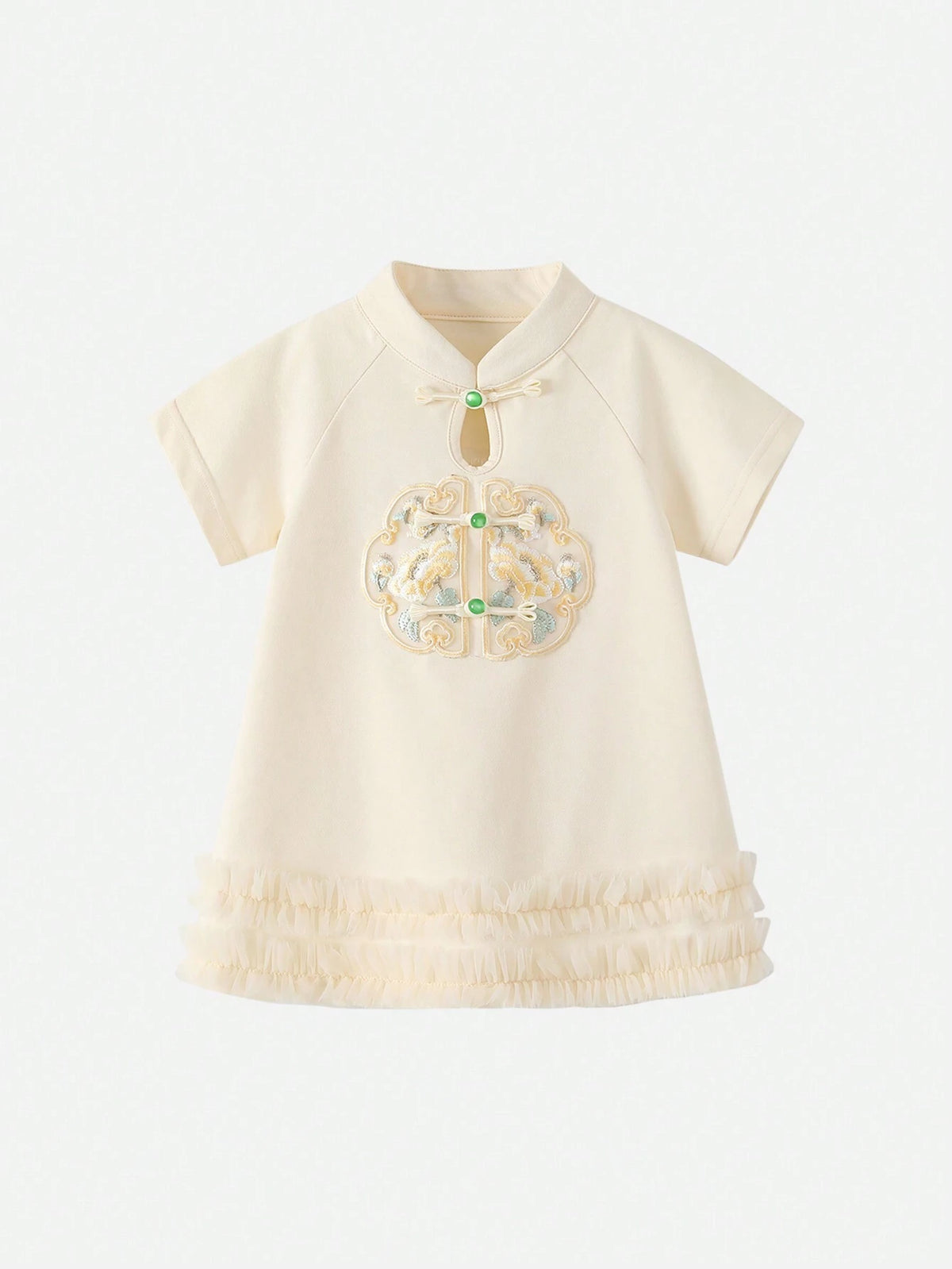 Young Girls' Chinese Style Short Sleeve Cheongsam Dress With Button For Summer