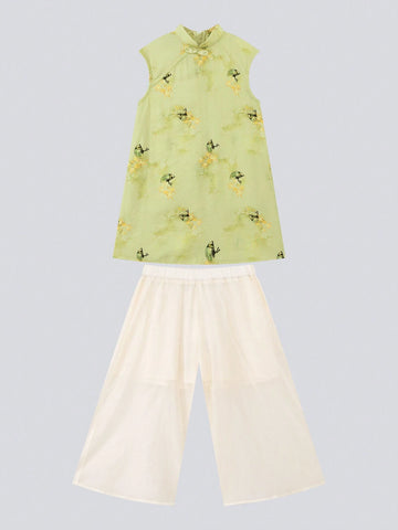 Young Girls' Chinese Style Wide-Leg Two-Piece Dress Set, Summer 2024 New Girl's Outfit