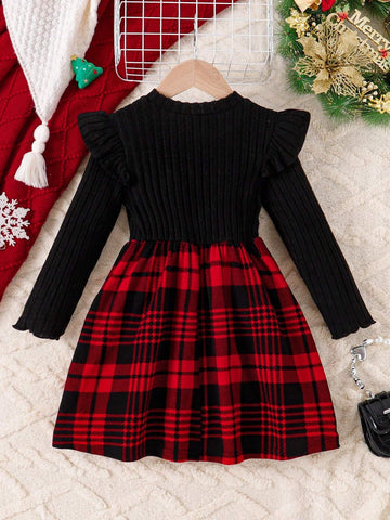 Young Girls' Christmas Bow Accent Round Neck Long Sleeve Dress
