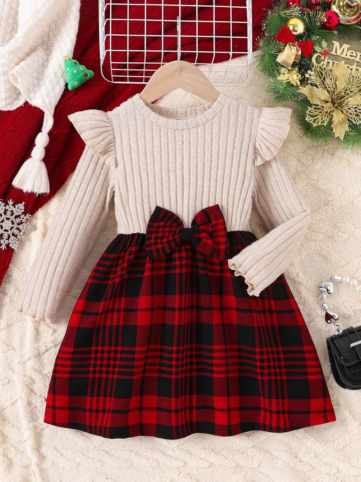 Young Girls Christmas Bow Decor Long Sleeve Crew Neck Dress