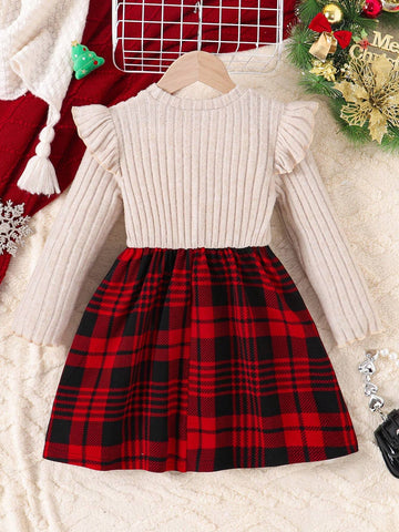 Young Girls Christmas Bow Decor Long Sleeve Crew Neck Dress