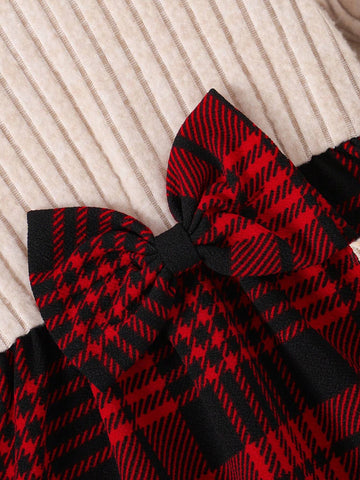 Young Girls Christmas Bow Decor Long Sleeve Crew Neck Dress