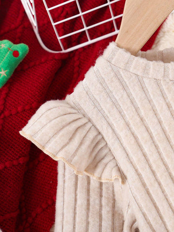 Young Girls Christmas Bow Decor Long Sleeve Crew Neck Dress