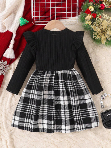 Young Girls Christmas Bow Decor Long Sleeve Round Neck Dress