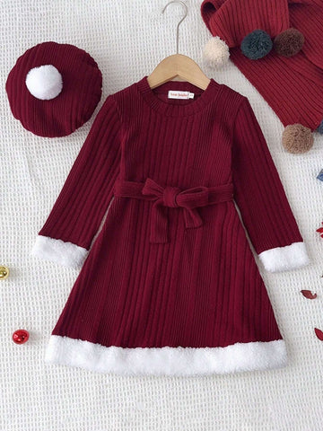 Young Girls Christmas Casual Long Sleeved Poinsettia Knitted Dress With Snowball Hat For Autumn & Winter